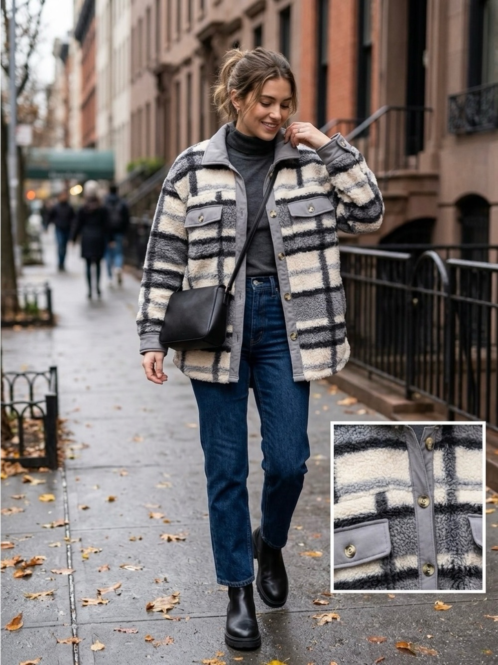 The Sweatshirt Project Plaid Sherpa Fleece Shacket Jacket XL Gray Contrast Trim